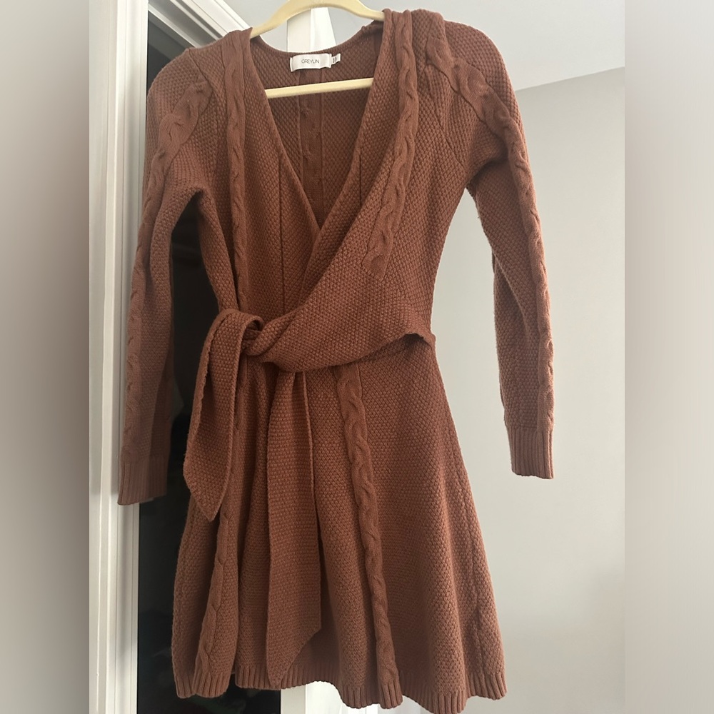 Greylin Anthropologie Brown Cable Knit Sweater Wrap Dress NWOT Medium Petite